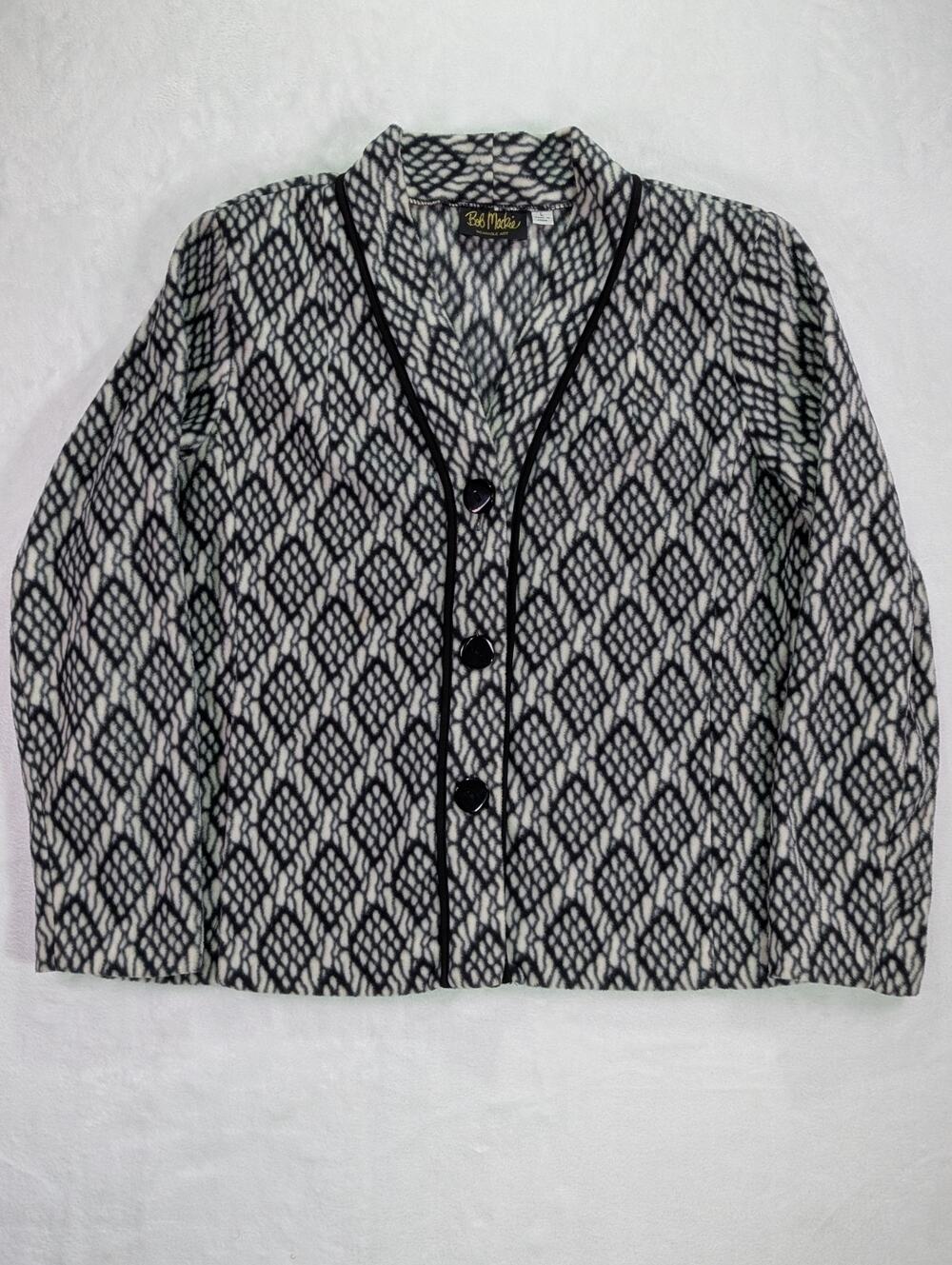 Bob Mackie Fleece Jacket Womens Size Large Black White Geo Argyle Button Up